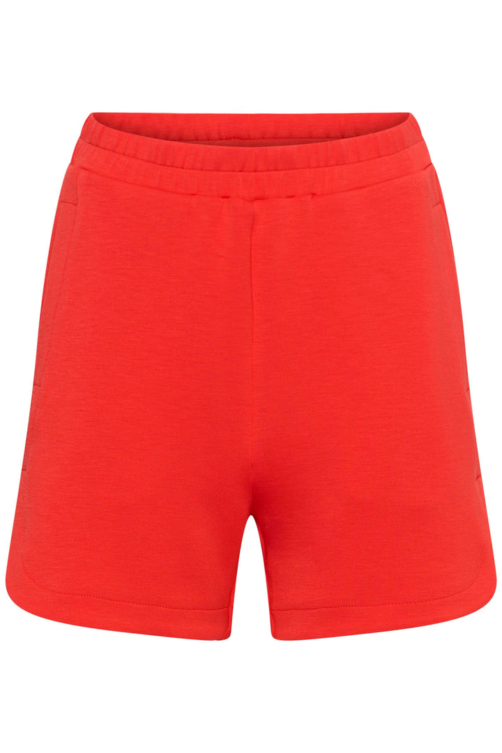 Bermuda Hennieh en molleton rouge avec taille élastique et poches latérales, coupe droite au-dessus du genou, tissu doux.