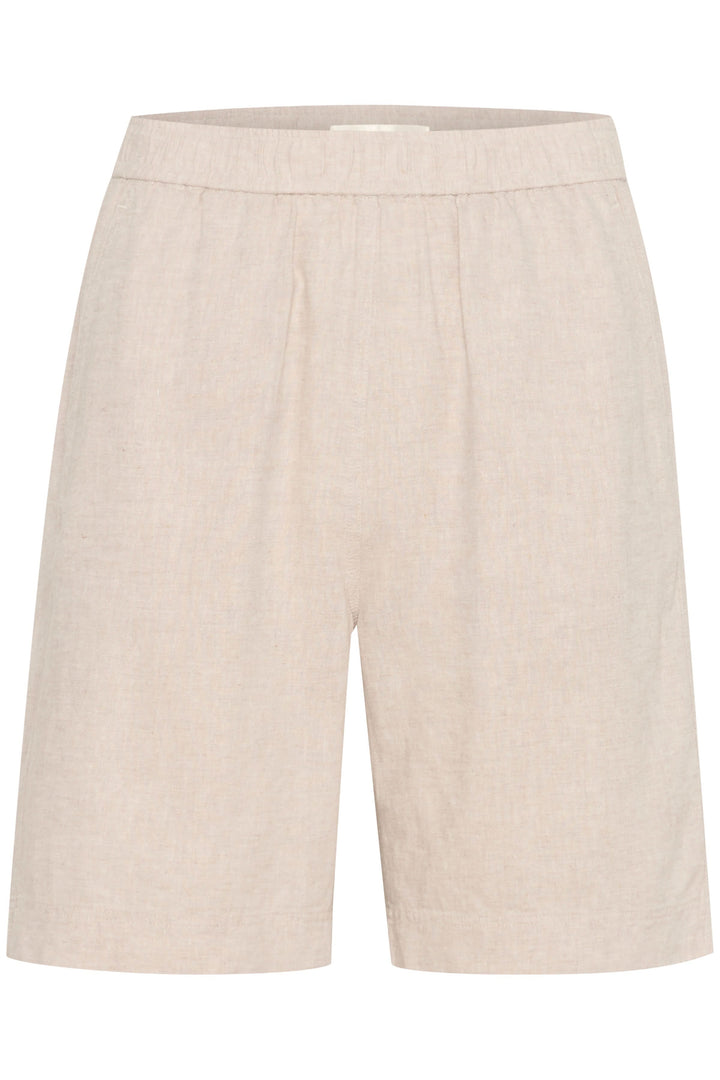 Bermuda en lin léger de couleur naturelle, taille élastique, coupe droite, parfait pour les journées chaudes.