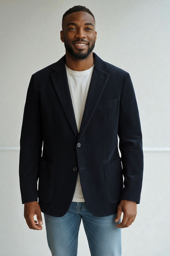 Homme portant un Blazer en velours côtelé bleu marine à deux boutons, style décontracté et élégant.