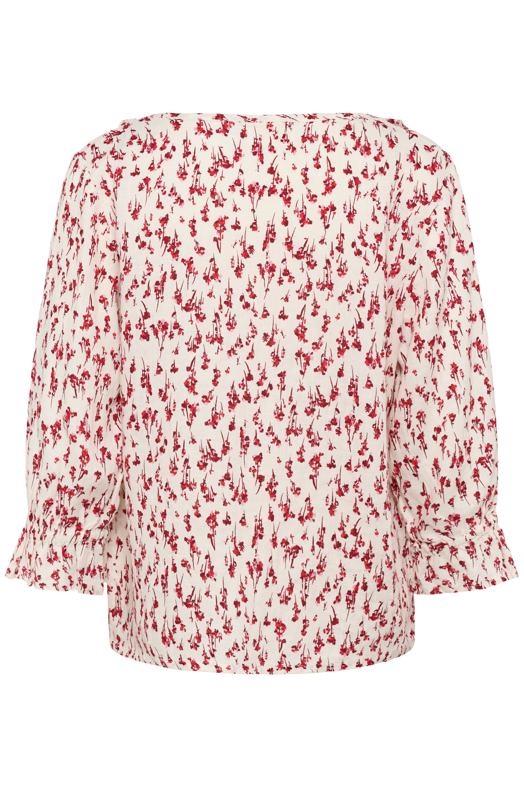 Blouse Bellis à motif délicat avec manches trois-quarts, coupe fluide, encolure en V ornée de volants pour un style féminin et élégant.