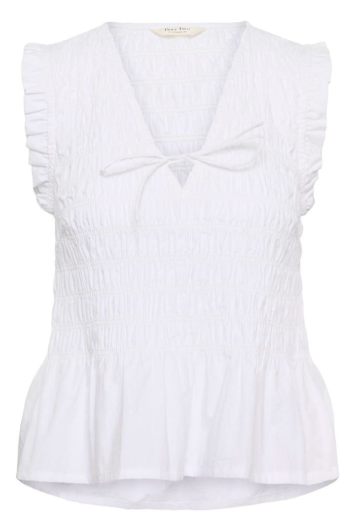 Blouse Borgny smockée sans manches à encolure nouée en blanc avec effet smocké et finitions volantées aux épaules.