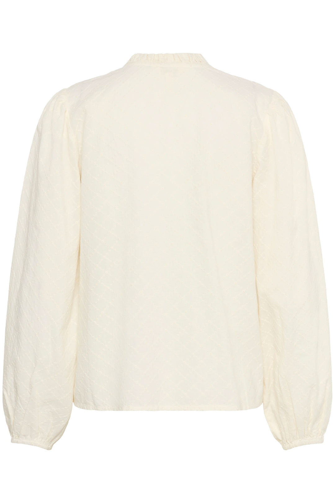 Blouse Eimy, blouse légère avec motif discret et manches bouffantes, vue arrière. Encolure fendue, style élégant et féminin.