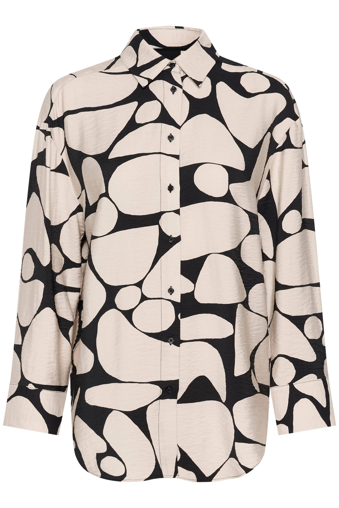 Blouse Metta à col classique, manches longues et imprimé abstrait noir et beige, parfaite pour un look élégant.