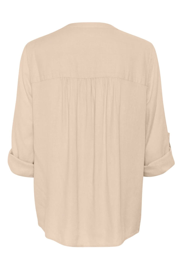 Blouse Milia beige fluide à col tunisien, vue arrière, manches retroussables pour un look décontracté.
