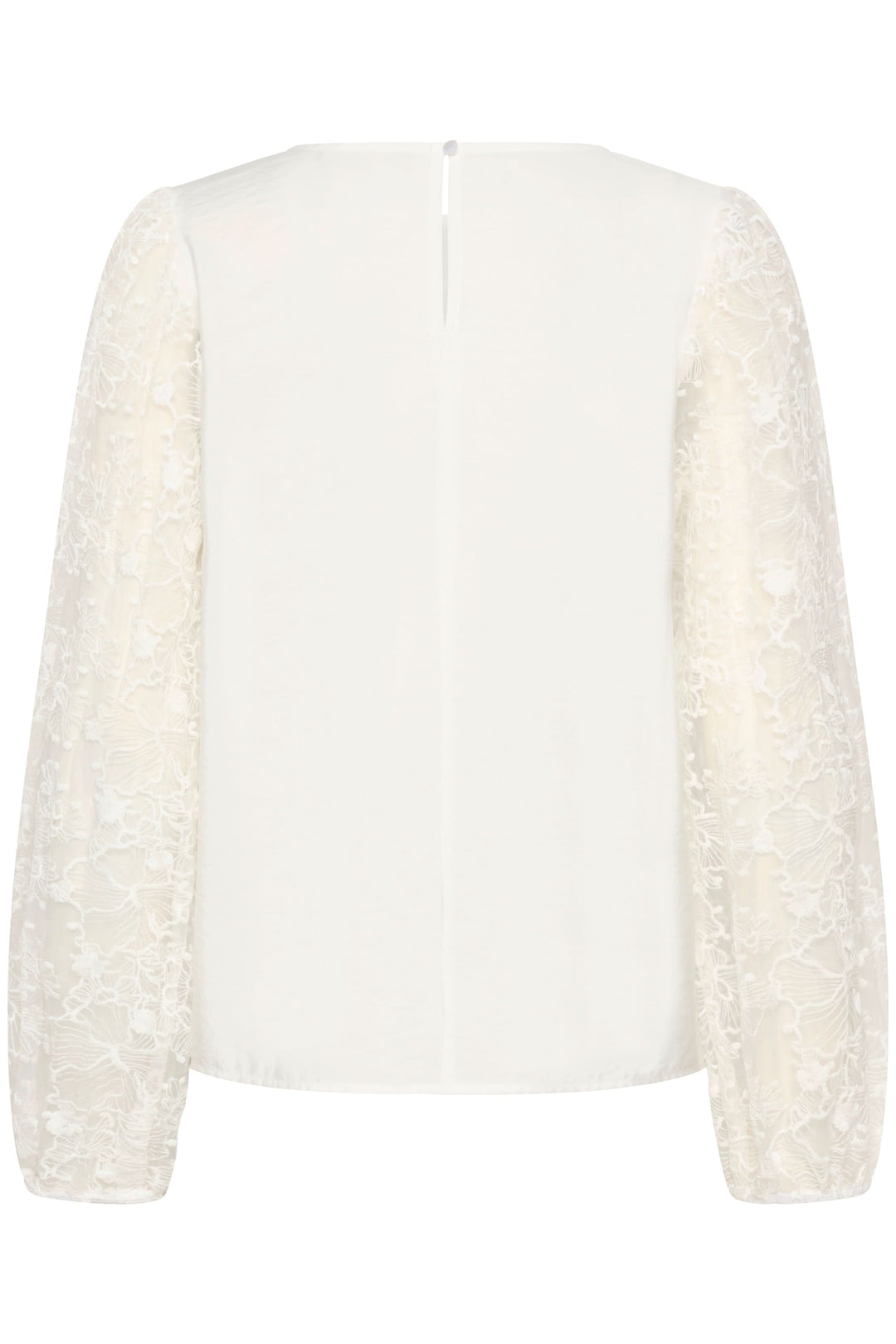 Blouse avec broderie, manches longues en dentelle, blanc, vue arrière élégante et féminine.