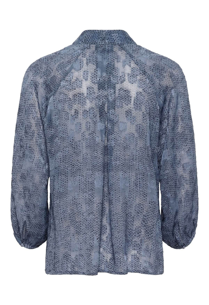 Vue arrière de la blouse à col V et manches 3/4 Addison, en tissu léger bleu avec motif élégant.