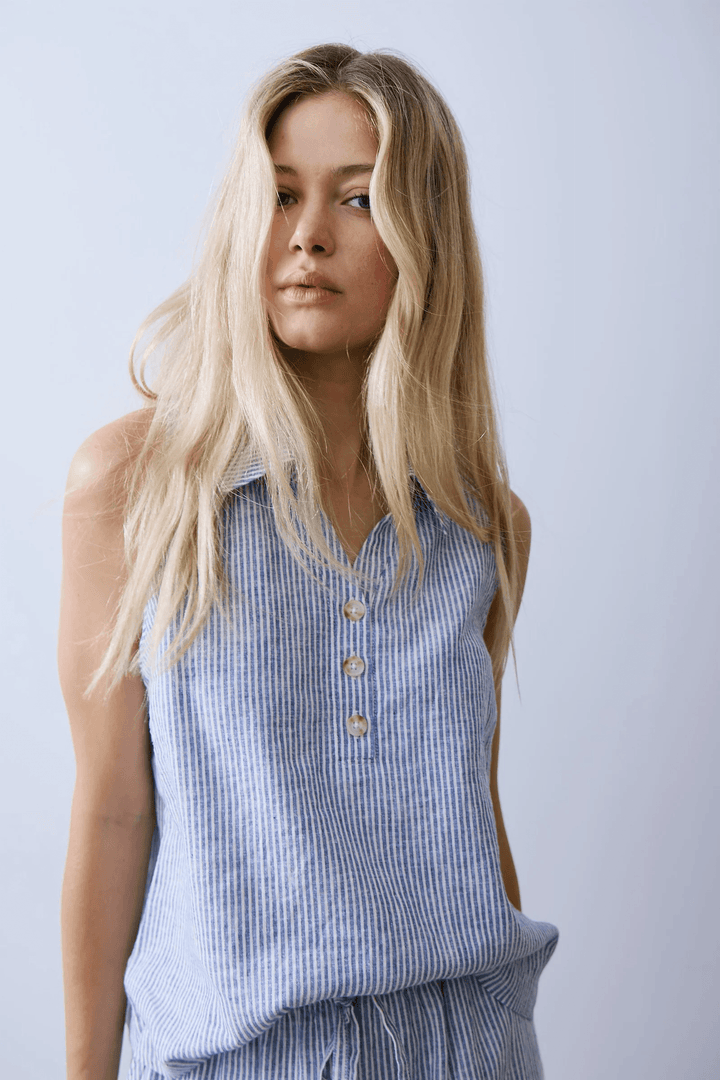 Camisole Bassin rayée à col chemise sans manches, motif rayé, confortable et léger pour l&