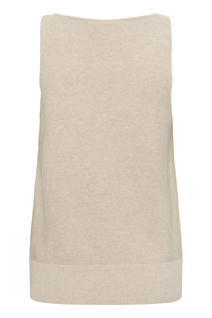 Débardeur en maille fine beige, col rond classique, ourlet côtelé pour un look décontracté et soigné.