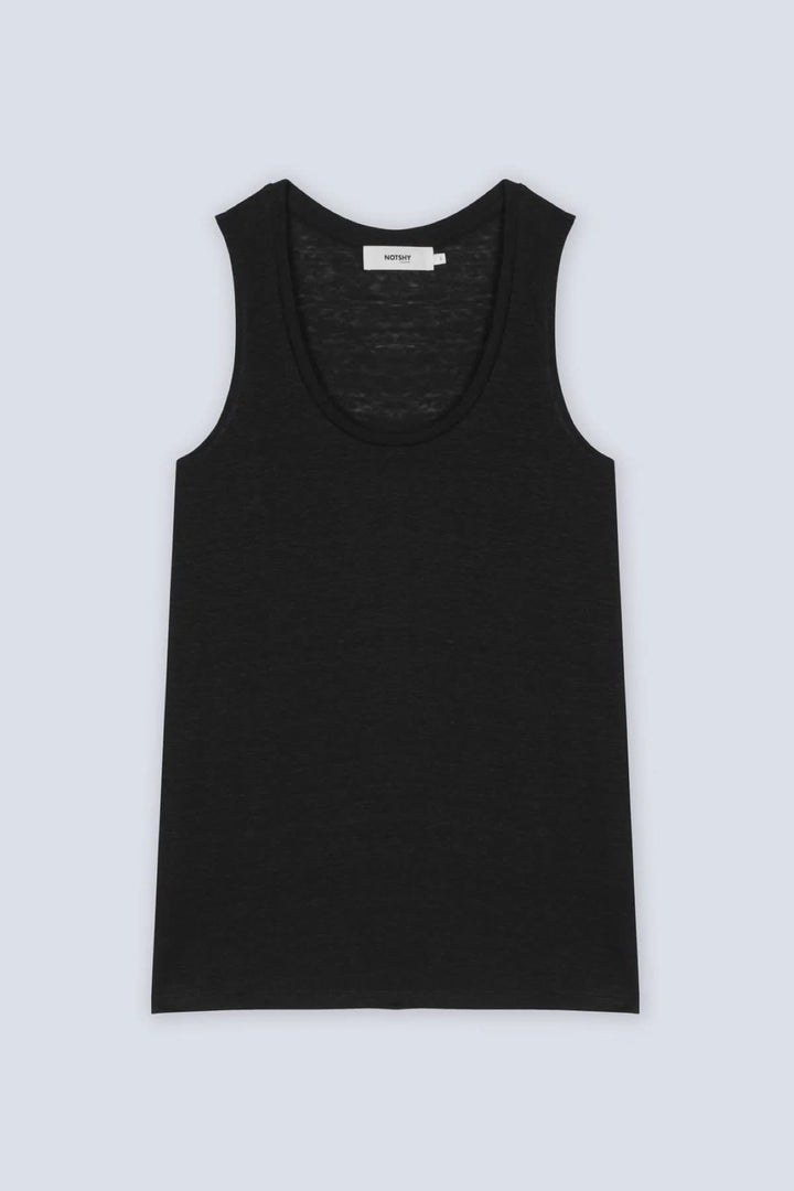 Camisole Yana en maille légère noire, sans manches, coupe fluide, parfaite pour l&