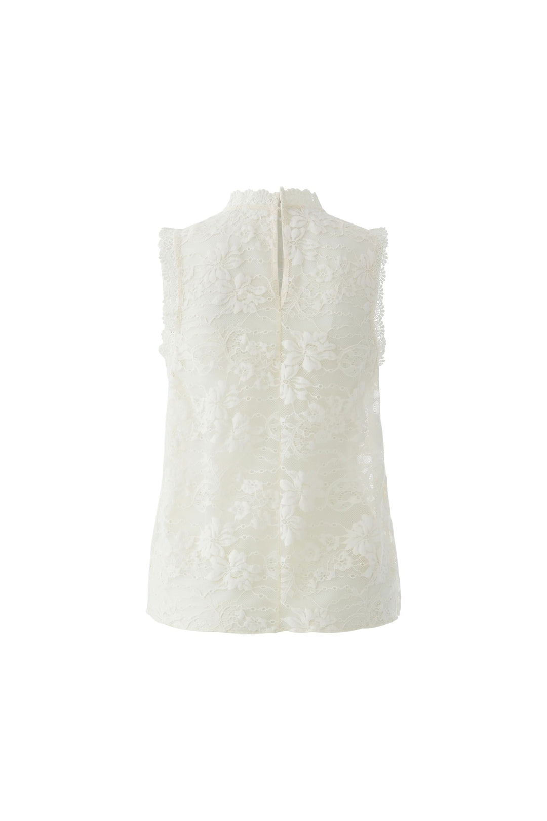 Camisole en dentelle florale blanche sans manches avec col montant festonné, élégance et texture florale délicate.