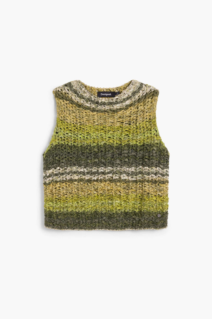Camisole en tricot texturé sans manches verte et jaune avec encolure dégagée, idéale pour un style moderne et confortable.