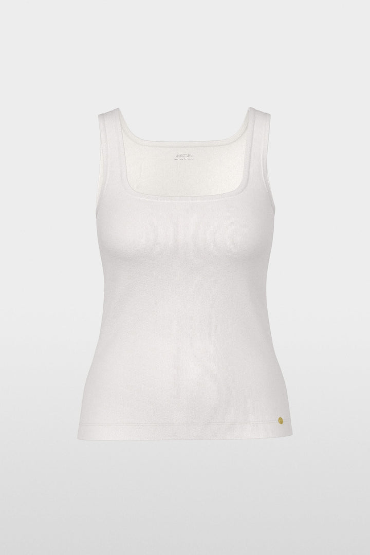 Camisole à encolure carrée avec bretelles larges, tissu doux et extensible, idéal pour un look minimaliste et moderne. Décris moi le produit en français.