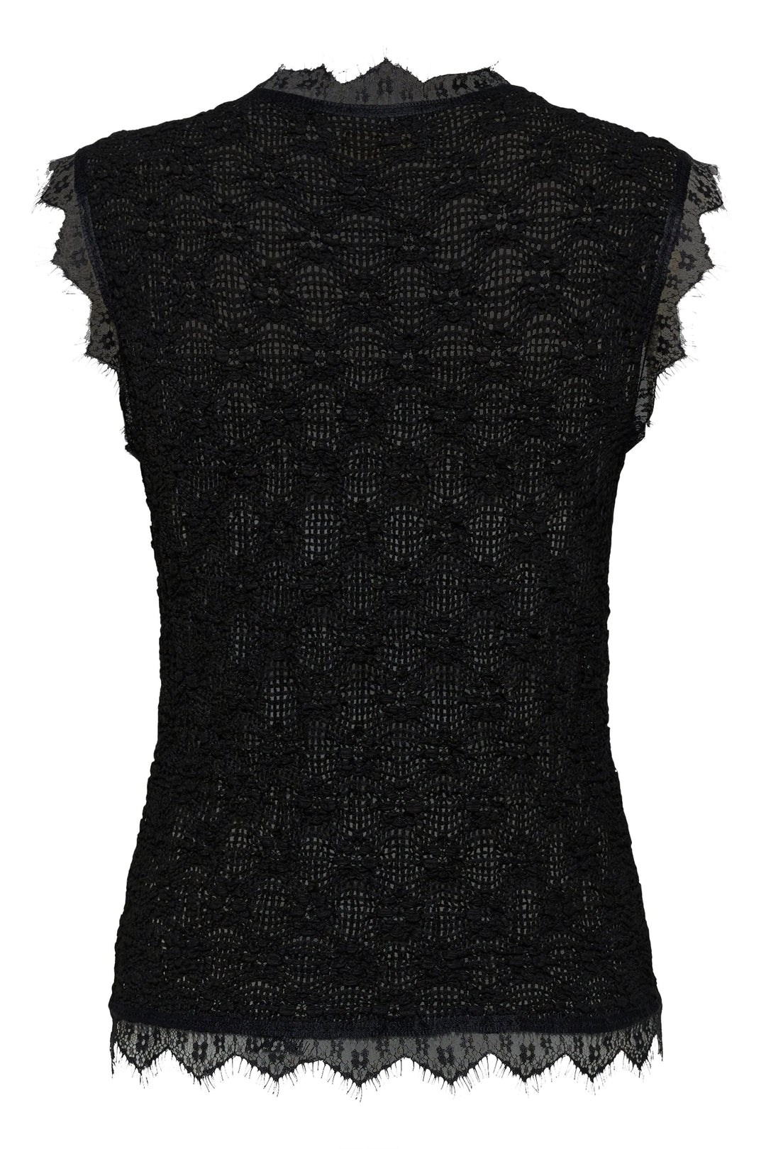 Camisole sans manches en dentelle noire avec fermeture boutonnée et bordures festonnées.