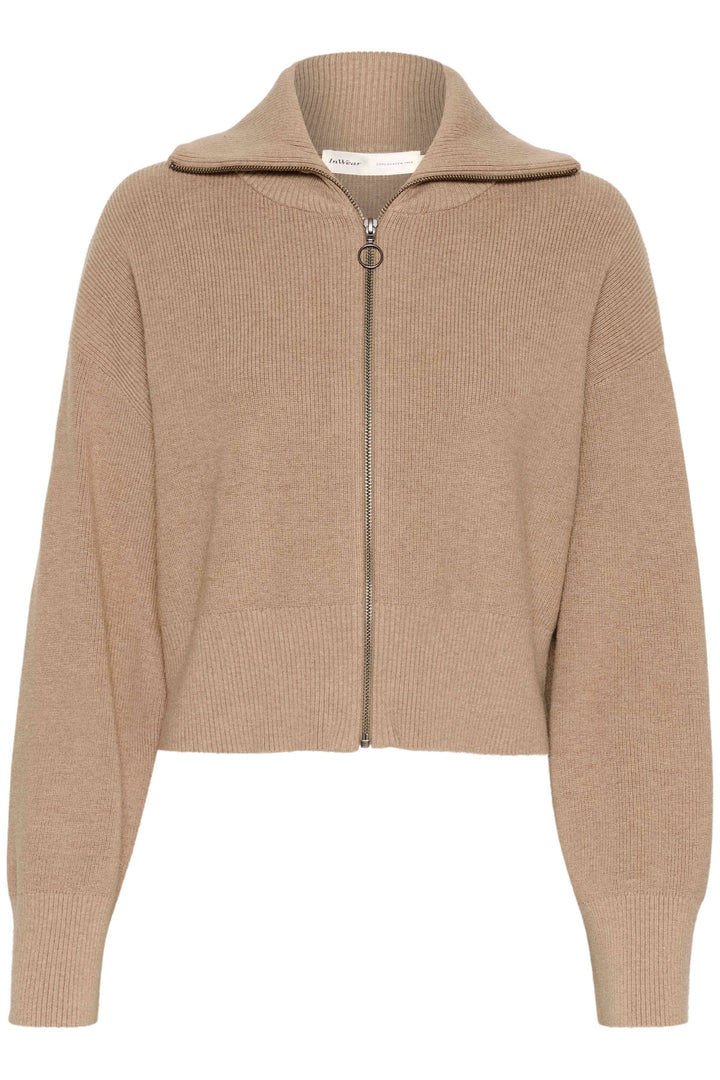 Cardigan Jogan beige à fermeture zippée et col montant, idéal pour les journées fraîches et les looks casual-chic.