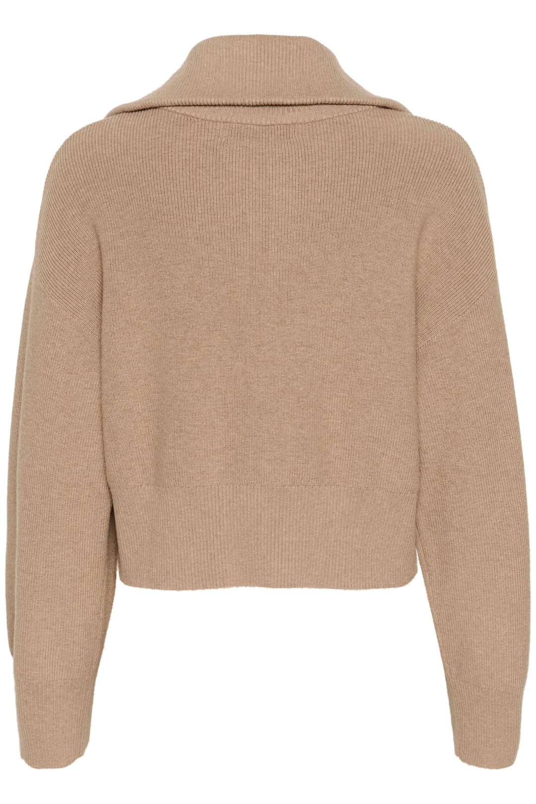 Cardigan Jogan beige, à fermeture zippée, col montant, vue arrière, coupe décontractée et douce en laine.