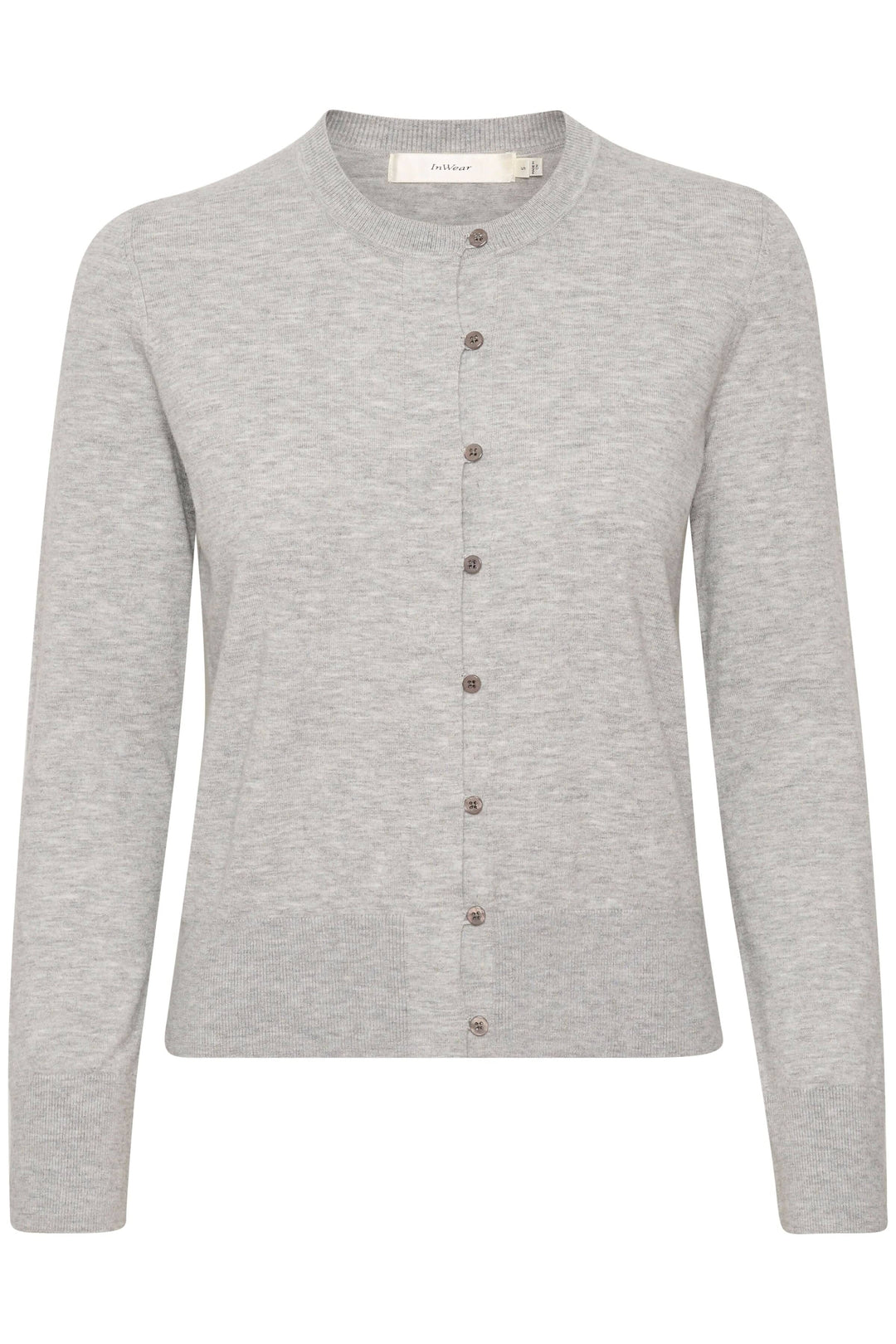 Cardigan Kellsie gris chiné en maille douce, coupe ajustée et fermeture boutonnée, parfait pour toutes occasions.