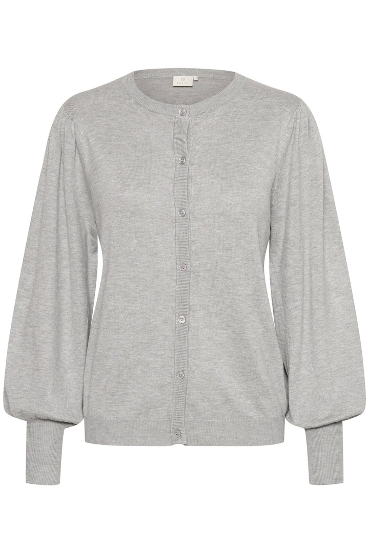 Cardigan Lizza gris à manches longues, col rond et fermeture boutonnée, style décontracté et habillé.