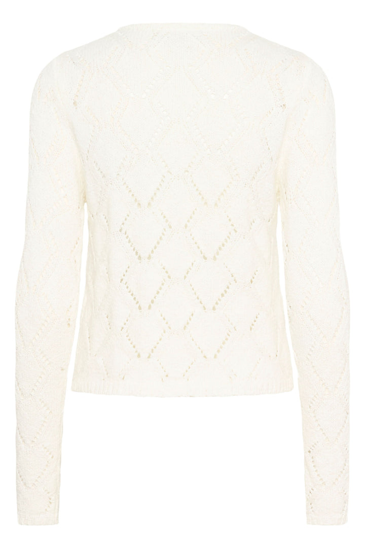 Cardigan Lorinia en maille ajourée blanc, silhouette féminine et élégante pour un style quotidien, vue de dos.