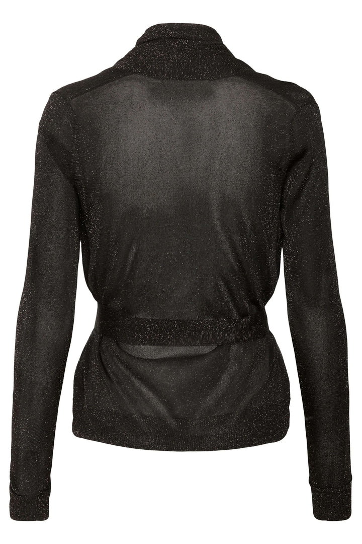 Vue arrière du Cardigan Thani à effet scintillant avec foulard intégré, en tissu noir lumineux et coupe fluide, élégant et raffiné.