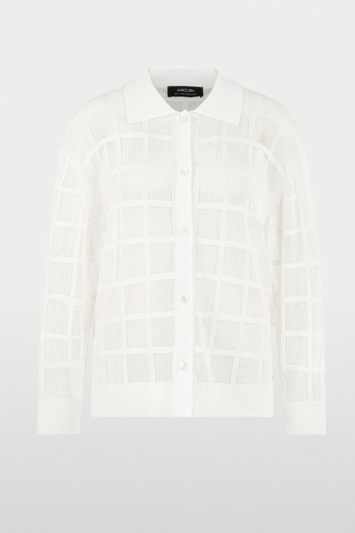 Cardigan en maille ajourée à carreaux blanc avec motif à carreaux et col chemise, style léger et raffiné, mi-saison.