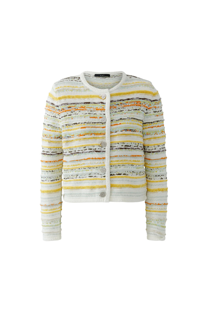 Cardigan en maille à rayures boutonné avec encolure ronde et manches longues, parfait pour un look élégant et structuré.