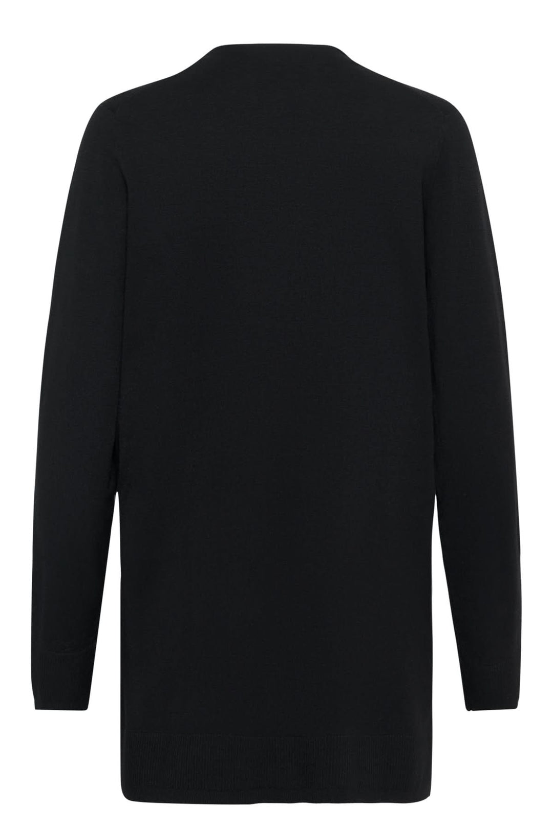 Vue arrière du Cardigan long boutonné Miko en noir, montrant sa coupe droite et allongée, parfait pour un style quotidien épuré.