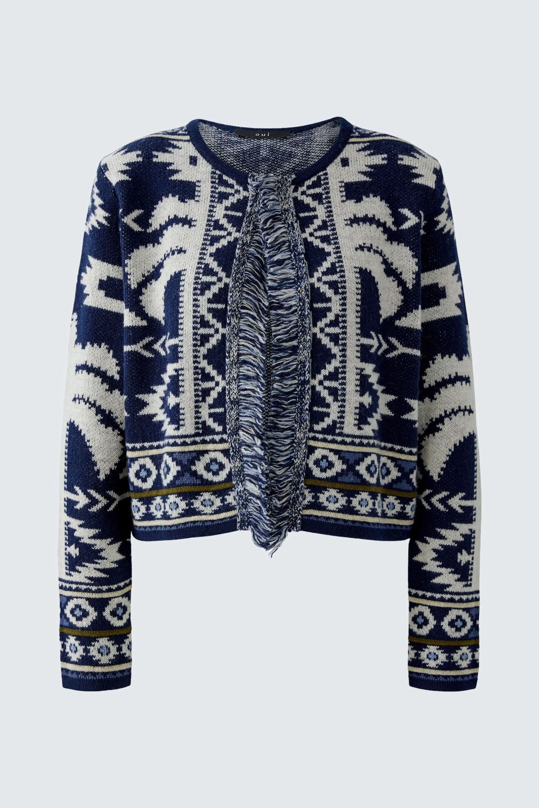 Cardigan motif western en jacquard avec franges, col rond et coupe moderne, en maille douce.