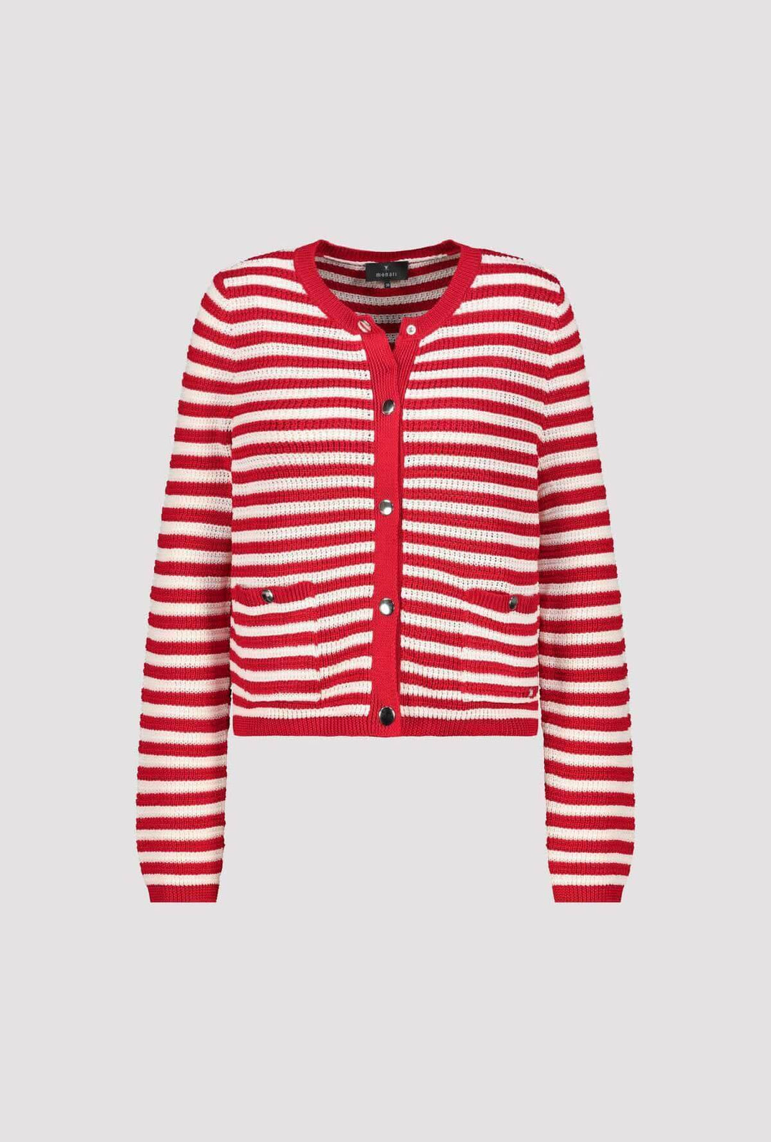 Cardigan rayé boutonné en maille rayée rouge et blanche avec coupe droite et encolure arrondie, idéal pour un look féminin et décontracté.
