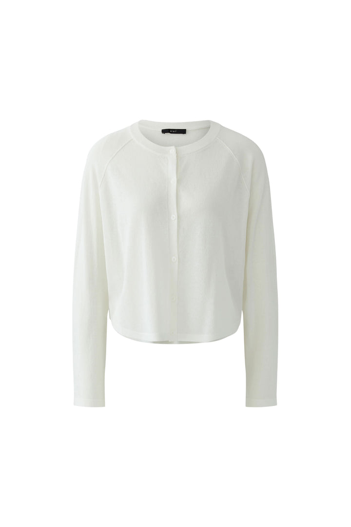 Cardigan texturé boutonné blanc avec texture délicate et encolure arrondie, idéal pour look élégant ou décontracté.