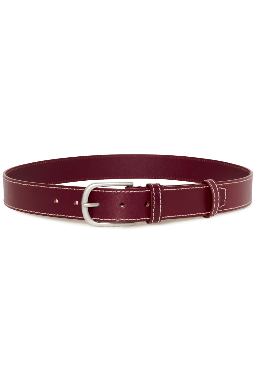 Ceinture en cuir bordeaux avec boucle métallique et surpiqûres contrastantes, accessoire chic et polyvalent.