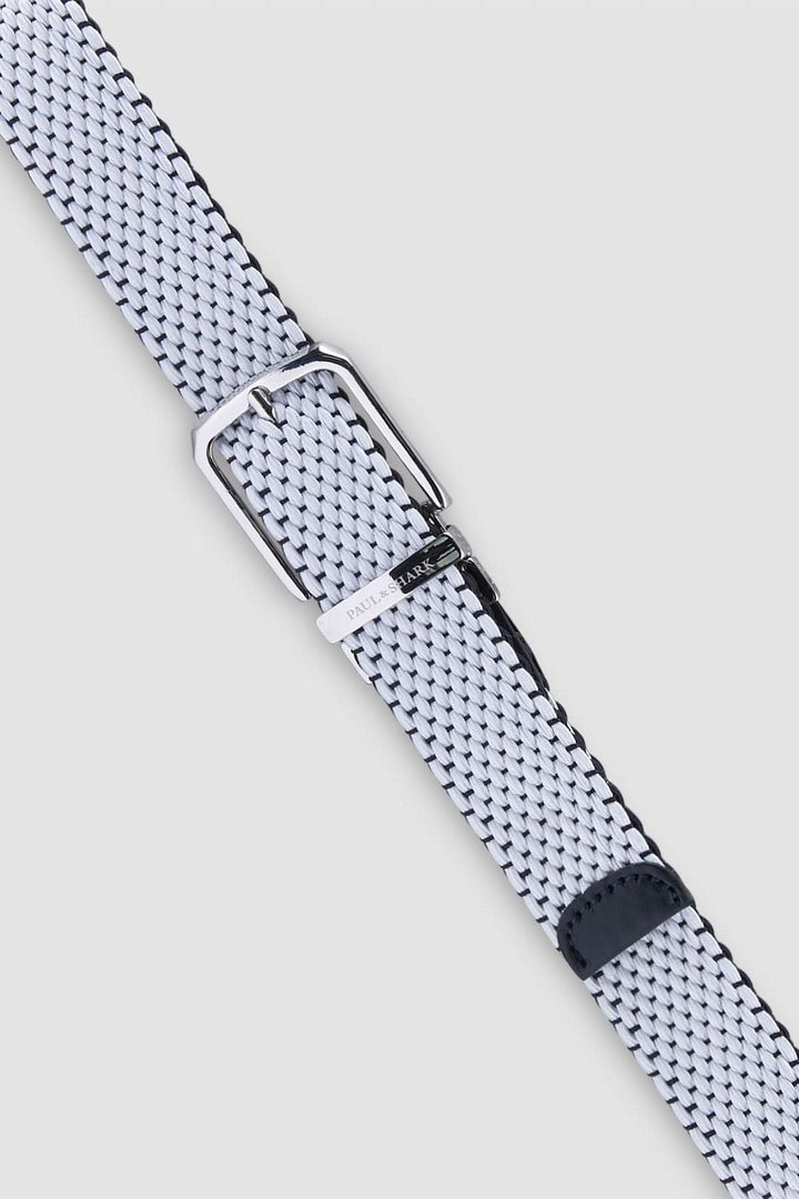 Ceinture élastique réversible avec finitions en cuir, tressée et boucle métallique élégante pour un style polyvalent.