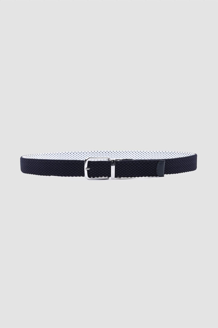 Ceinture élastique réversible avec finitions en cuir, ceinture tressée extensible avec boucle métallique, accessoire élégant et polyvalent.