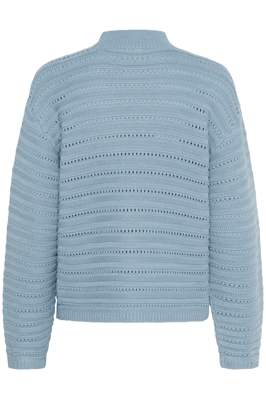 Chandail Dolly en tricot ajouré bleu avec motif horizontal et col montant côtelé.