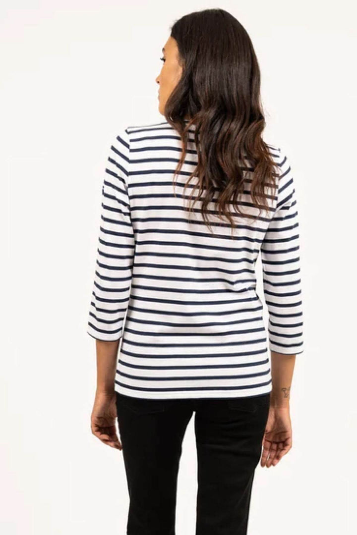 Chandail Galathée II à rayures, manches ¾, coupe ajustée, style marin et urbain.