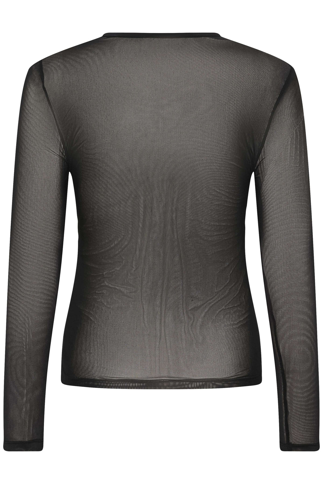 Chandail Kaia en tulle transparent à manches longues noir avec coupe ajustée vue arrière, détail contemporain.