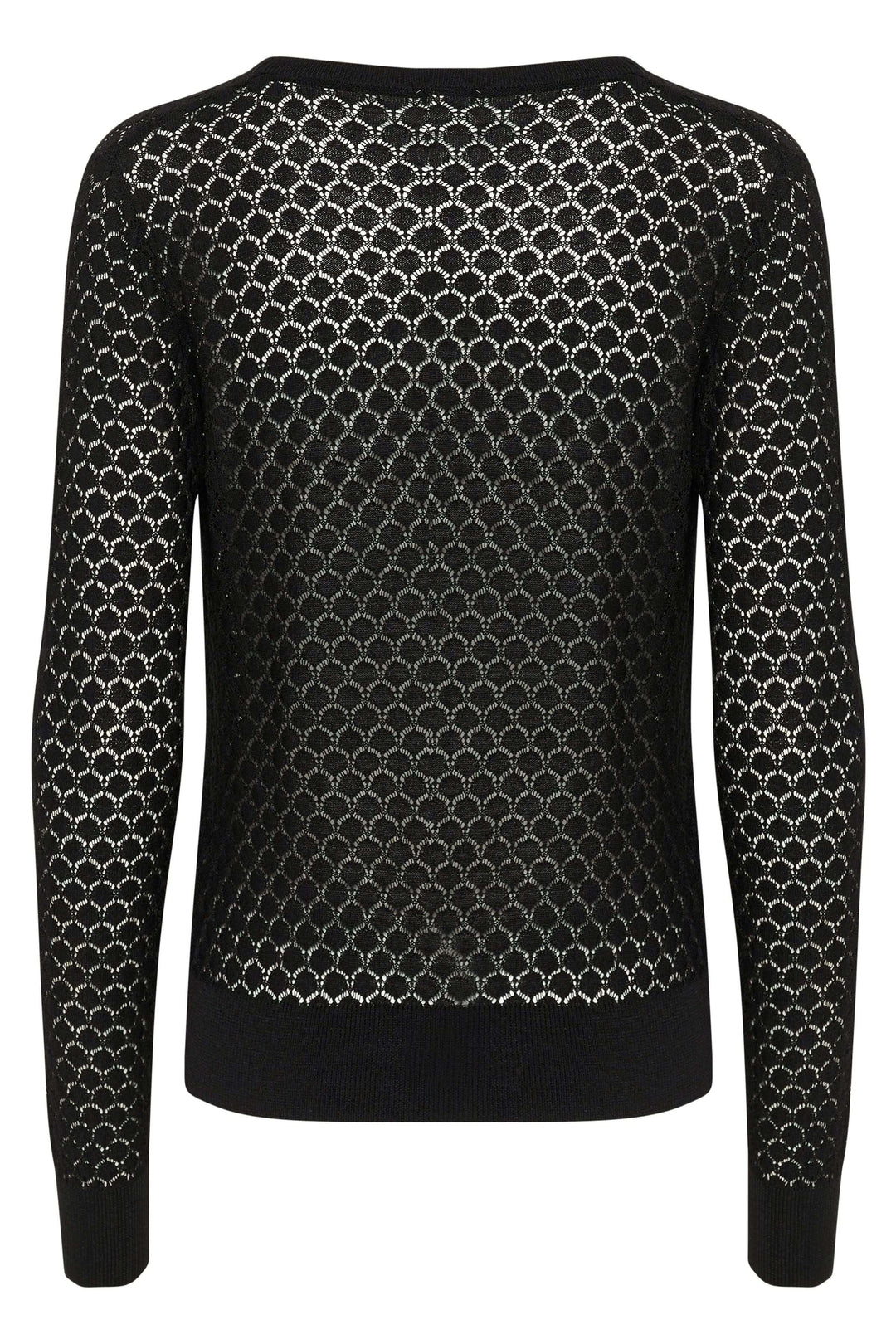 Chandail Raiko en maille ajourée noire, avec motif géométrique, encolure ronde et manches longues, vue arrière.