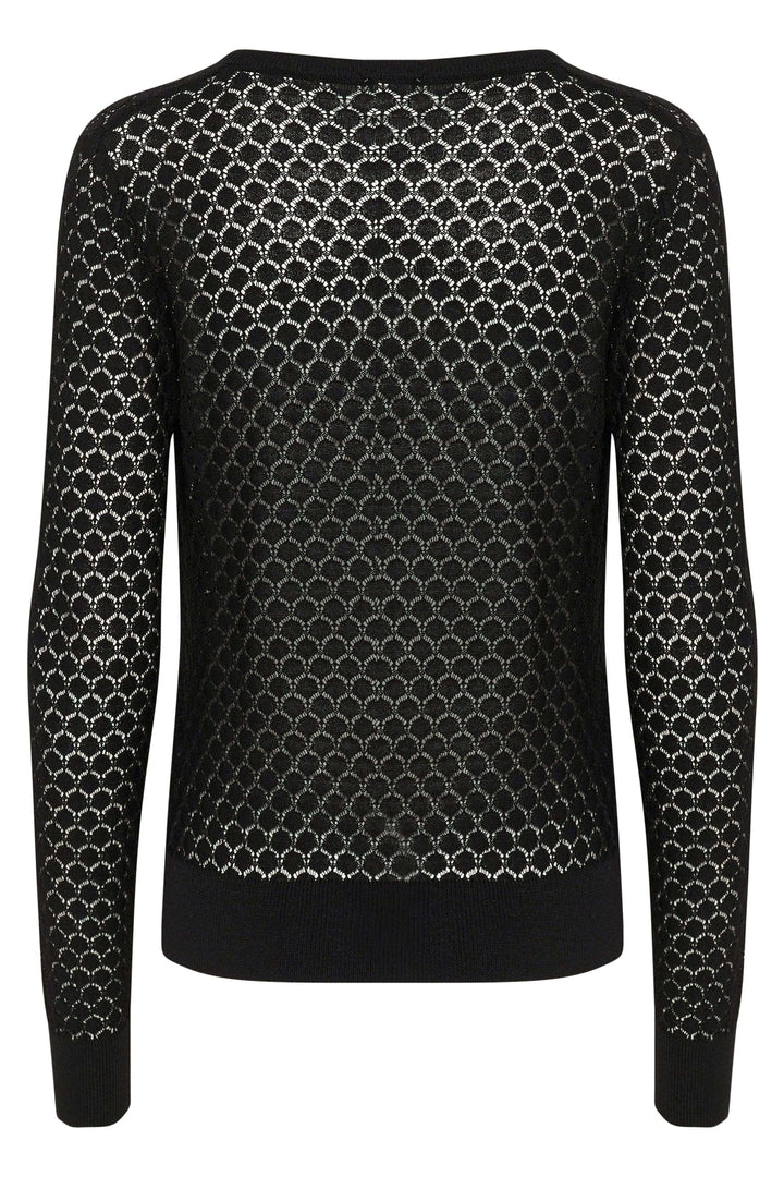 Chandail Raiko en maille ajourée noire, avec motif géométrique, encolure ronde et manches longues, vue arrière.