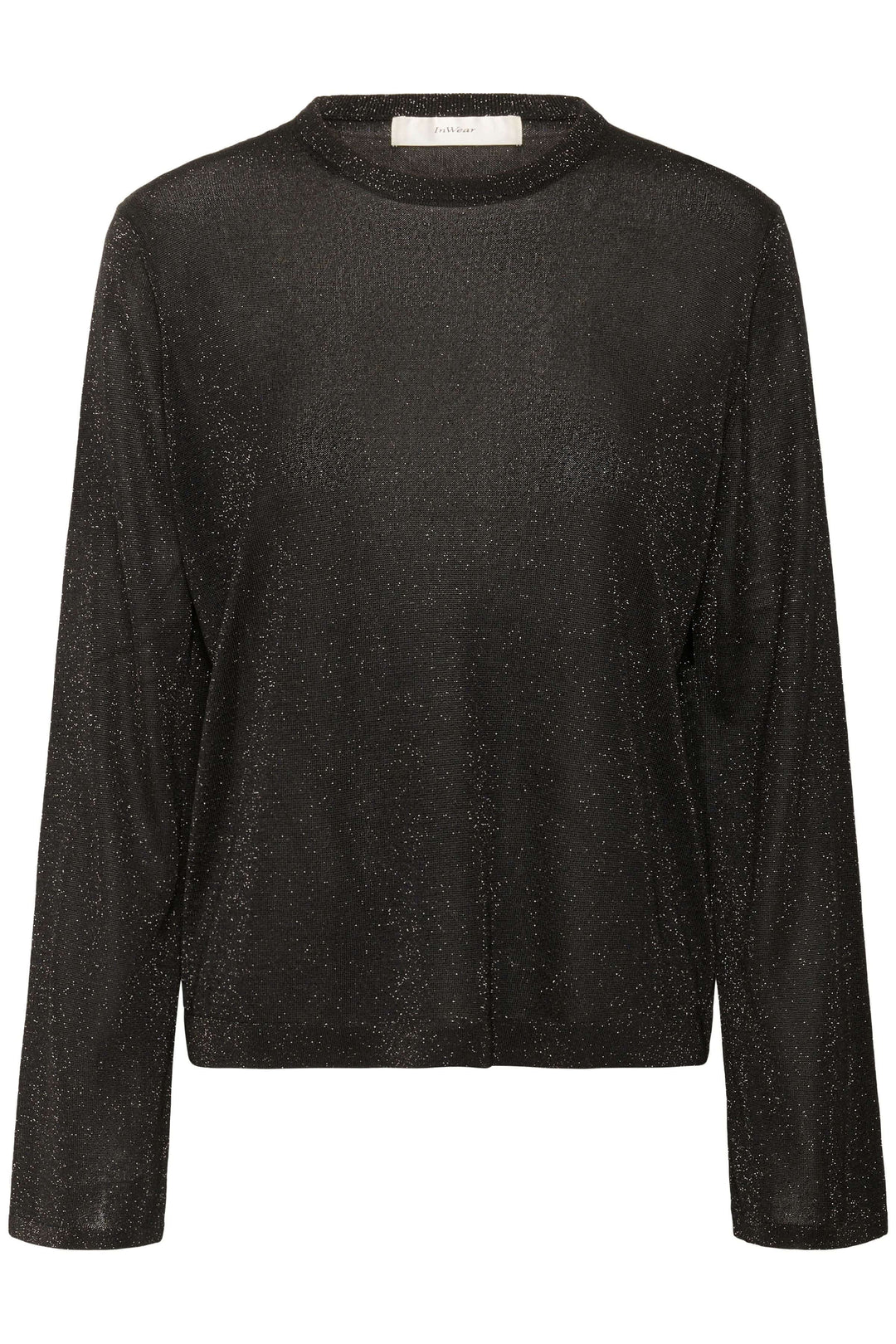 Chandail Thani à effet scintillant noir, manches longues, tissu légèrement transparent, parfait pour soirées élégantes.