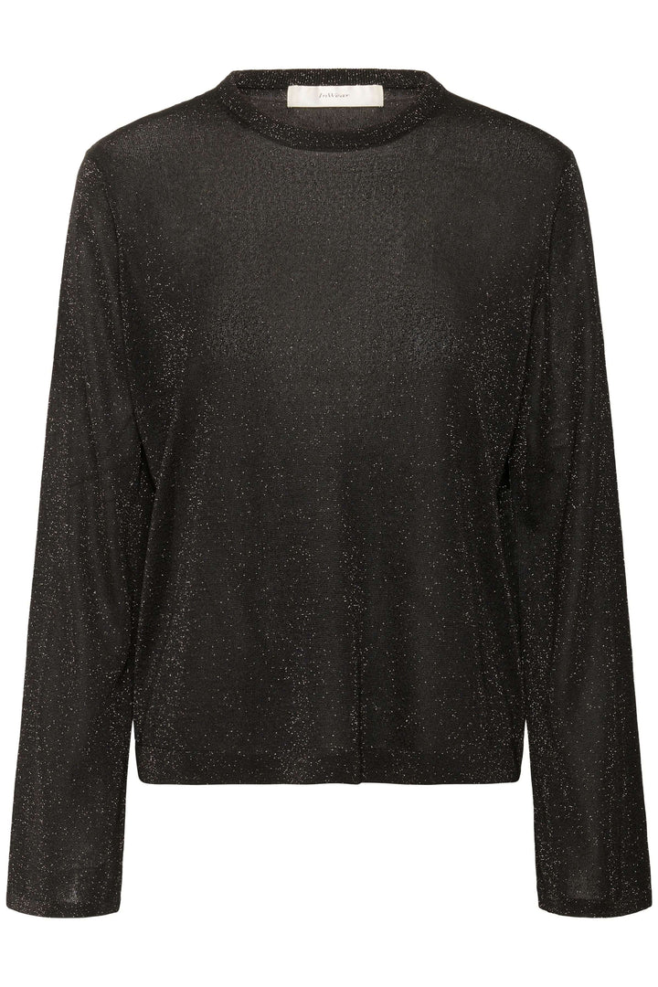 Chandail Thani à effet scintillant noir, manches longues, tissu légèrement transparent, parfait pour soirées élégantes.