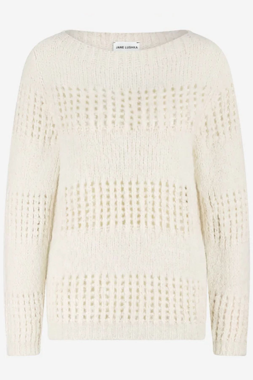 Chandail ajouré à encolure ronde en maille légère, coupe droite ajustée, manches longues, idéal pour superpositions chic.