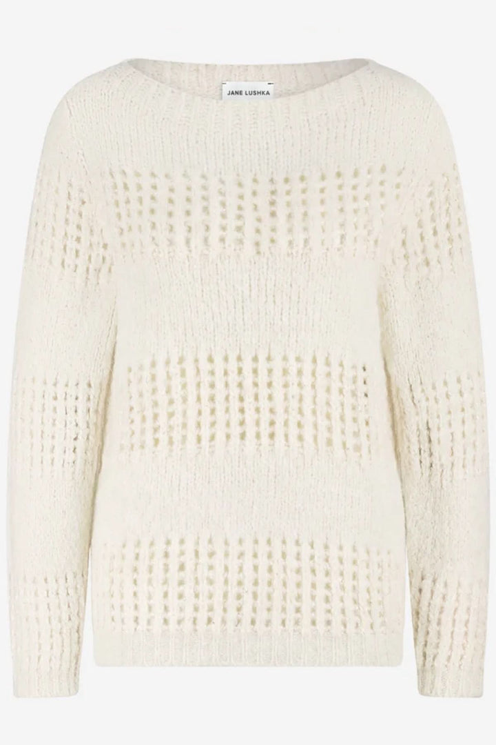 Chandail ajouré à encolure ronde en maille légère, coupe droite ajustée, manches longues, idéal pour superpositions chic.