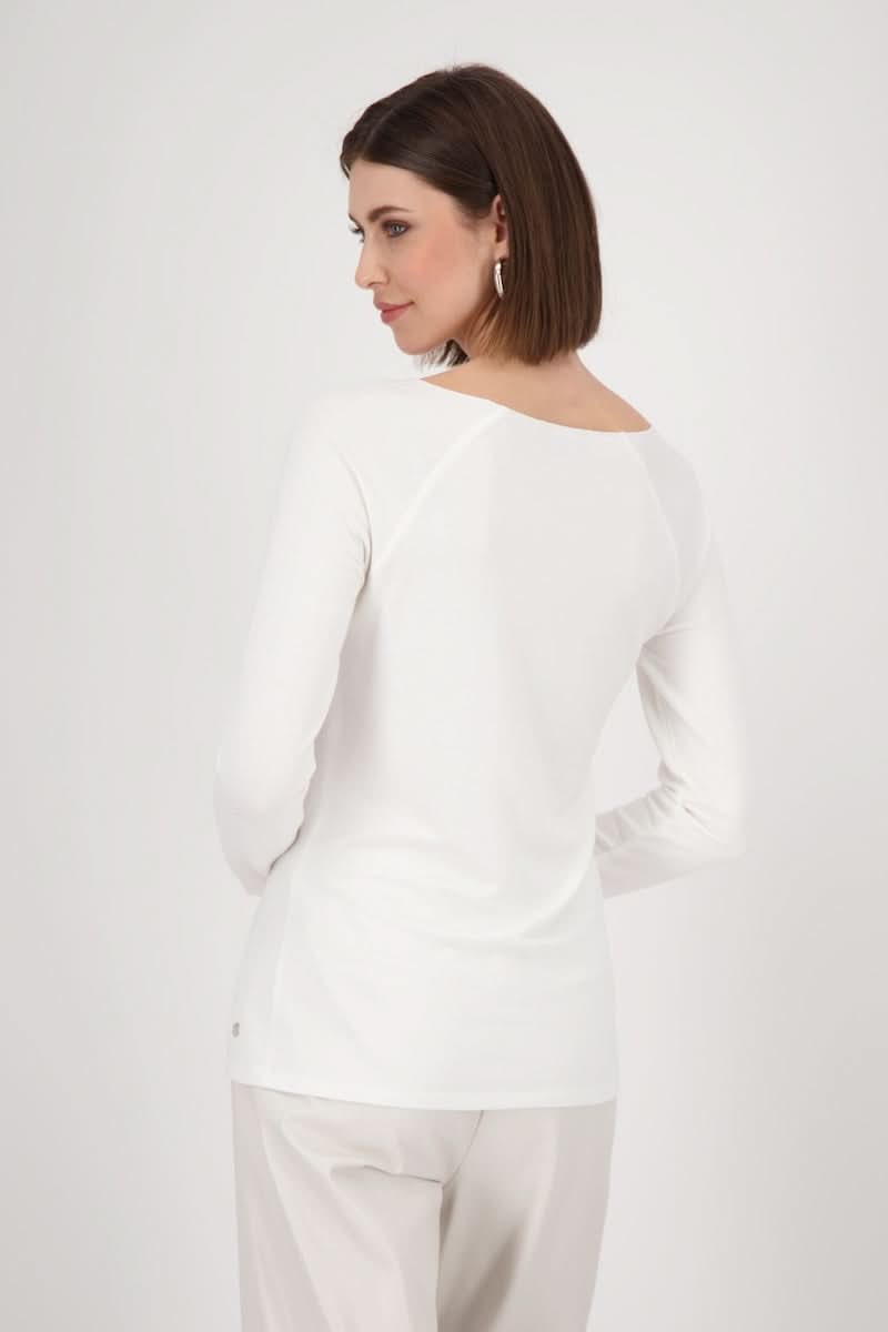 Femme portant un chandail basique blanc à manches longues vue de dos, coupe légèrement cintrée et col rond classique