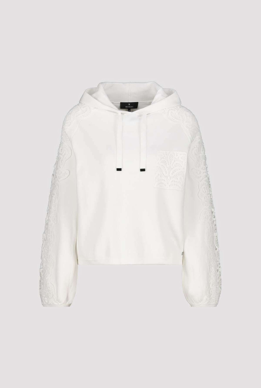 Chandail à capuchon avec broderies décoratives, modèle blanc élégant avec poche et capuchon ajustable.
