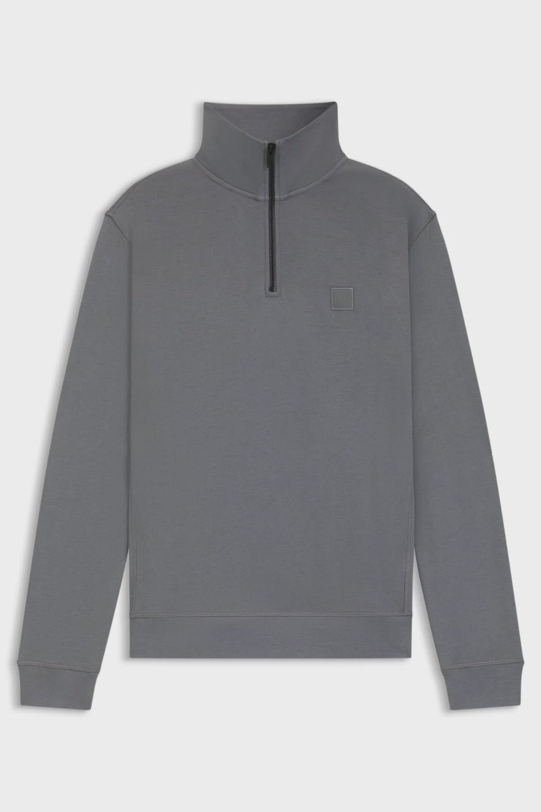 Chandail à col montant zippé en coton Terry gris avec logo BOSS discret sur la poitrine, idéal pour un style décontracté et moderne.