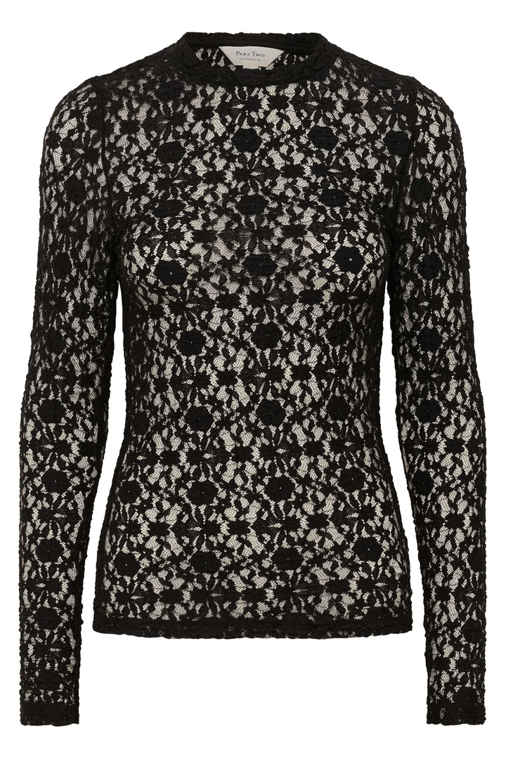 Chandail Venetia transparent en dentelle noir avec manches longues et encolure ronde, élégant et sophistiqué.