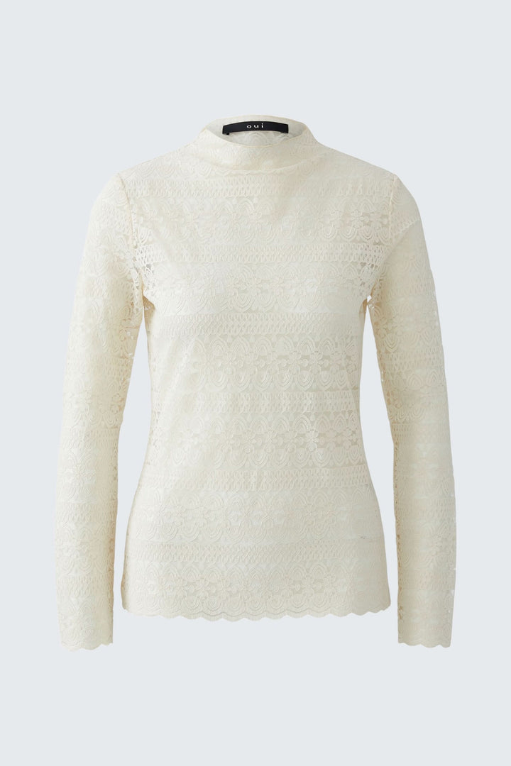 Chandail en dentelle à col montant, féminin et délicat, avec dentelle florale intégrale, manches longues et finition festonnée élégante.