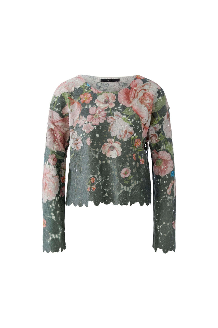 Chandail en dentelle florale avec motifs fleuris et coupe droite, ajoutant une touche romantique et élégante à votre tenue.