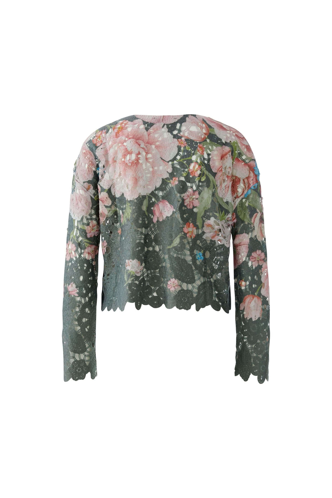 Chandail en dentelle florale élégant avec motifs romantiques, coupe droite courte, idéal pour un style délicat et raffiné.