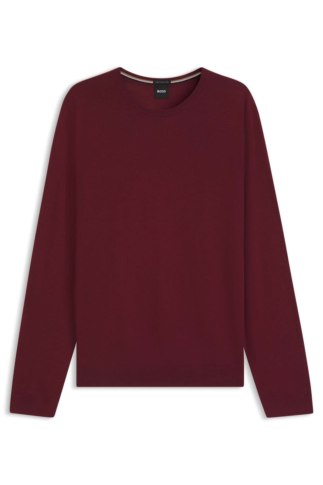 Chandail en laine vierge Leno rouge bordeaux, coupe ajustée, col rond, élégant et confortable pour le bureau ou détente.