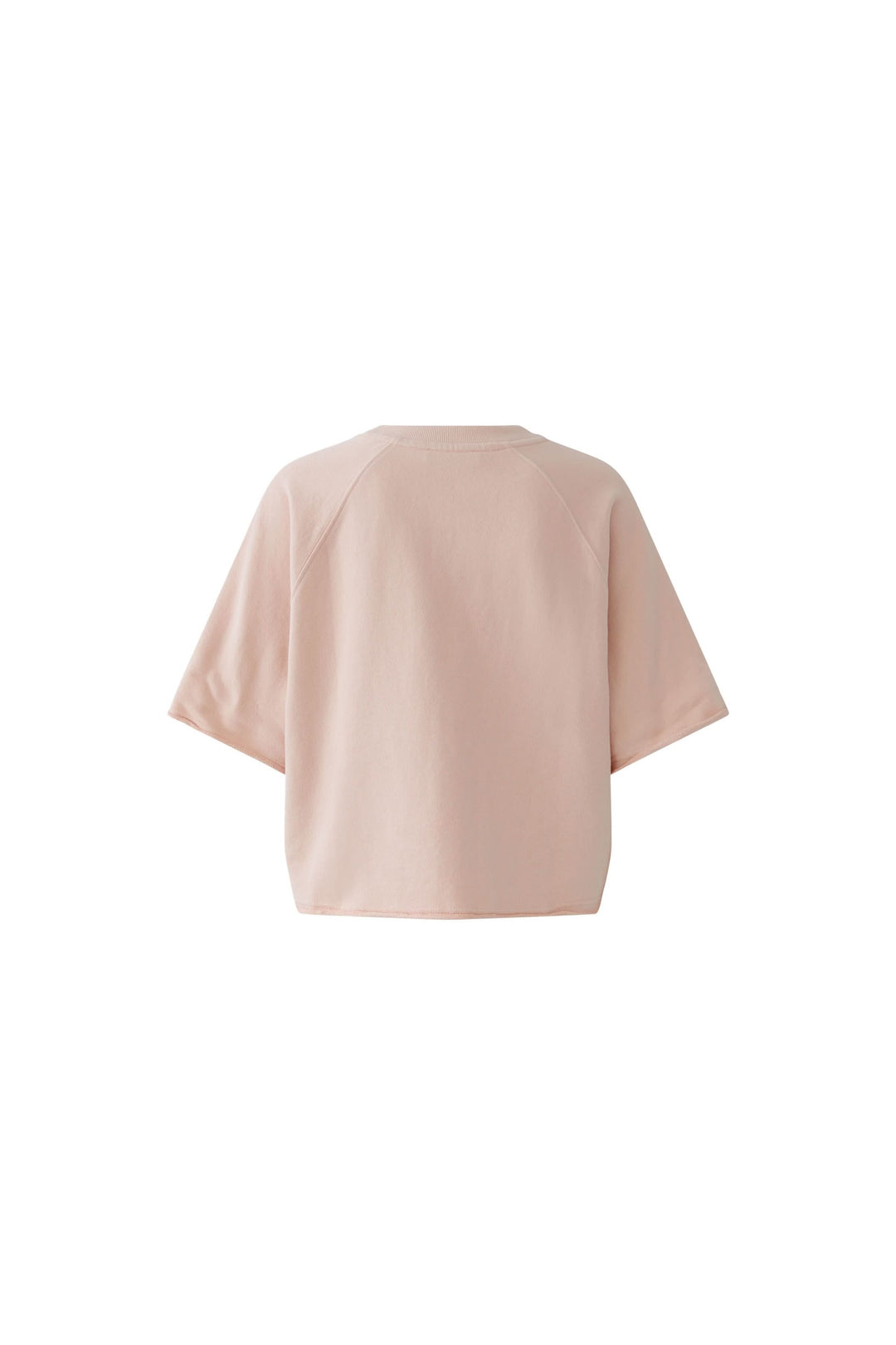 Chandail imprimé graphique à manches courtes, coupe ample et légèrement raccourcie, esprit rétro et moderne, couleur rose, dos visible.